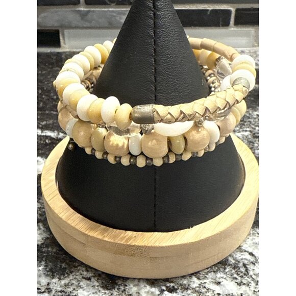 Multi-Strand Stretch Beaded Bracelet With Natural Beige & Metallic Accents - Picture 3 of 3